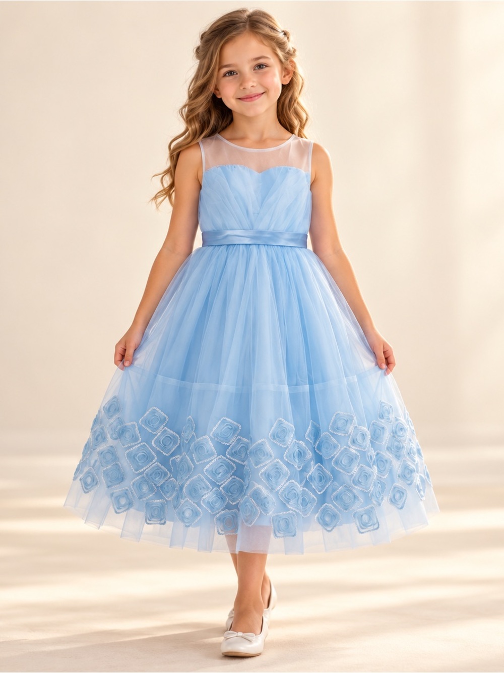Light Blue Tulle Flower-Embroidered Girls' Party Dress with Bow Size 8